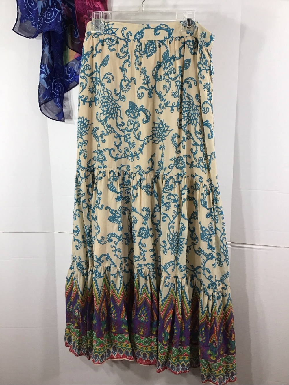 Free People Canyon Rose Cream Tiered Boho Flared Skirt with Teal Accents M - Picture 2 of 10